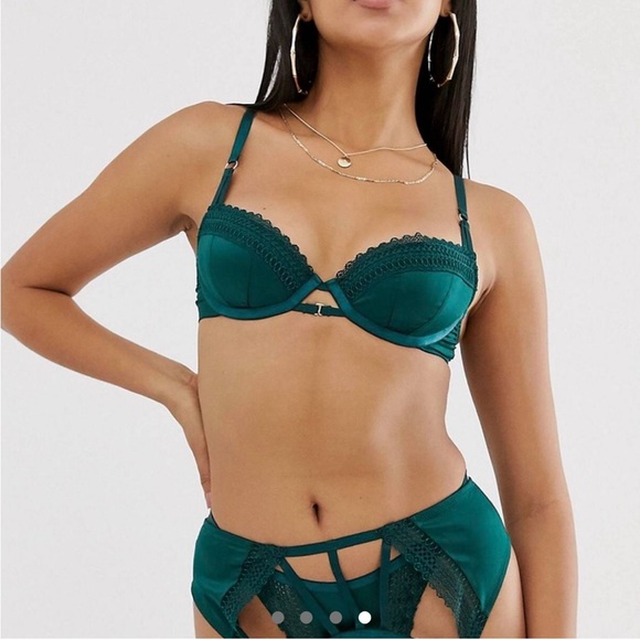 NWOT ASOS Clio emerald green underwire padded bra with satin & lace trim US 32C - Picture 4 of 4